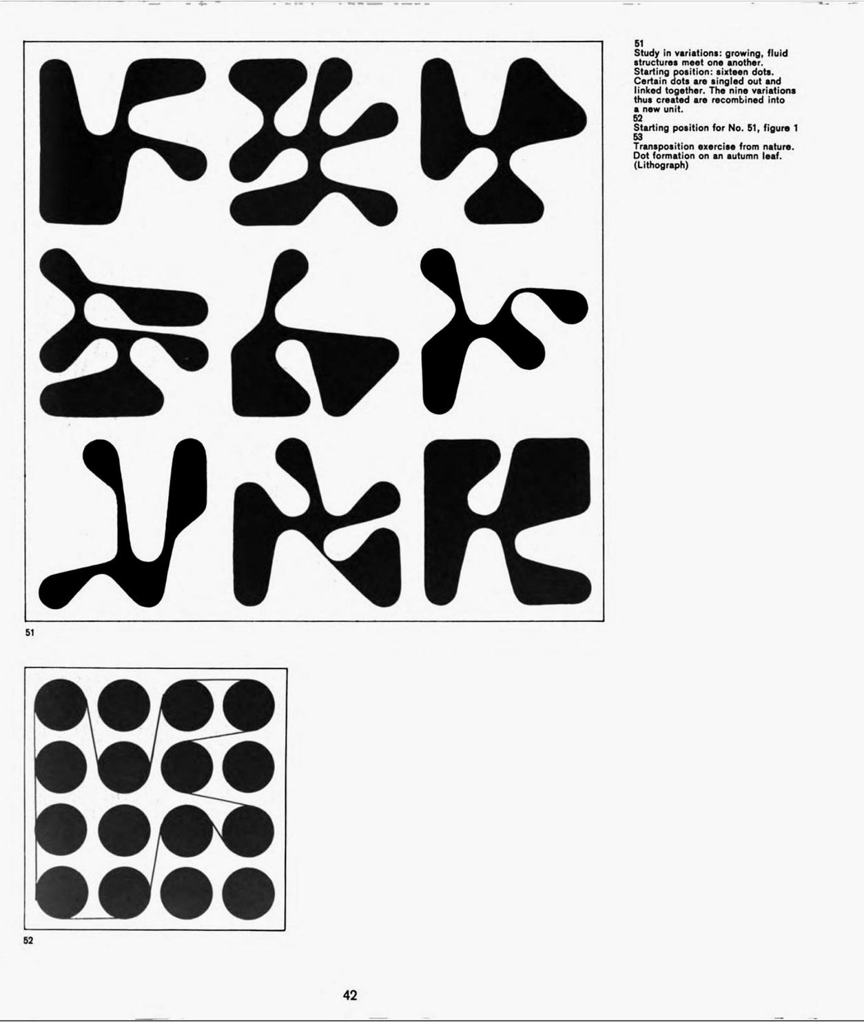 Page 42 of the book showcasing an excercise where you create an abstract structure by drawing sixteen dots and linking a selected few to create one unit.