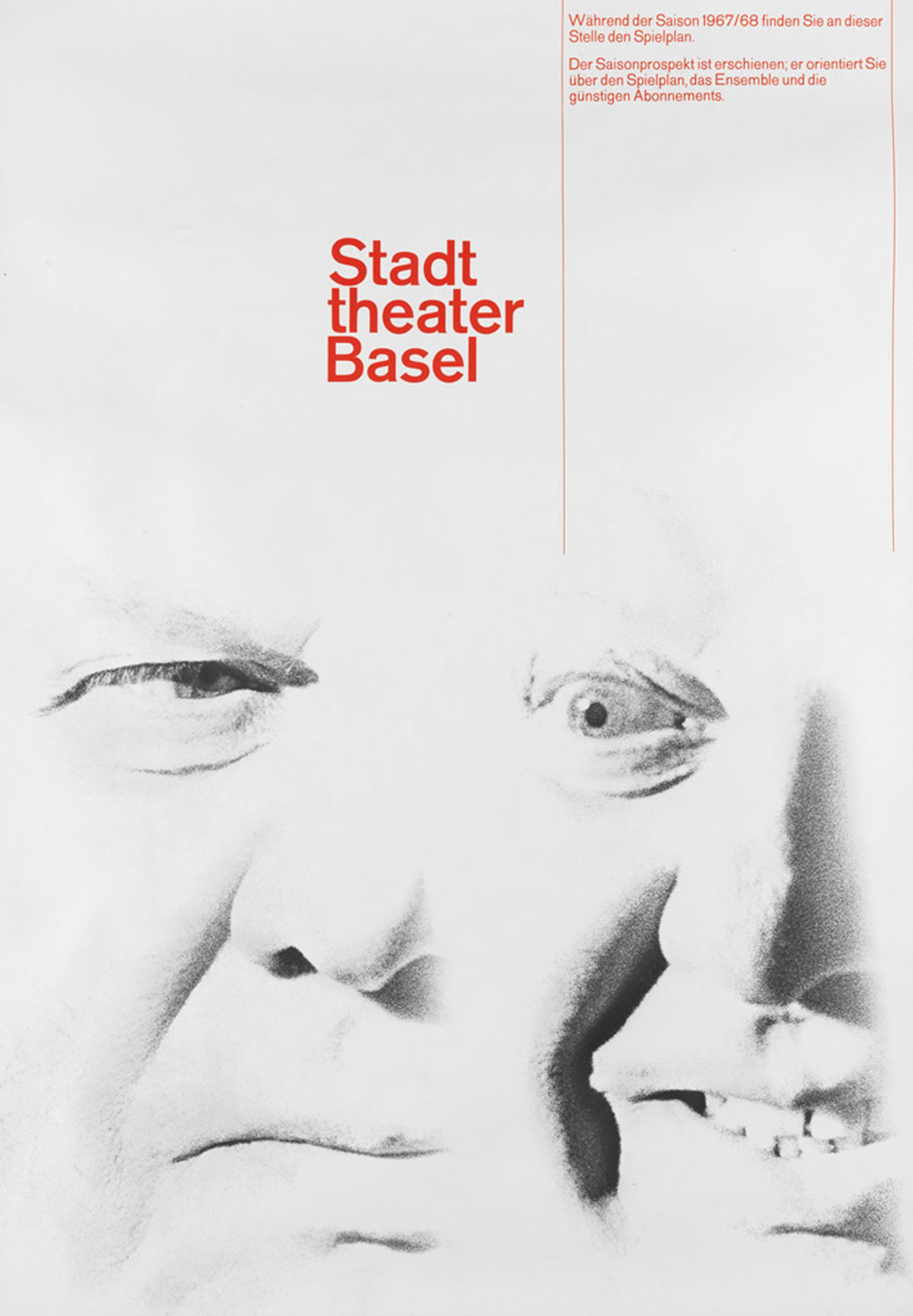 A black and white image poster that is white from the top down to the middle part where it found by two images of the same man. In one image the man look serious and in the other image the man looks crazy. The images blend into the whiteness of the background due their facial shadows being their defining traits. The title of Stadttheater and swedish text are both in red.