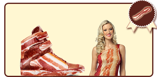 image of women in bacon dress and bacon basketball shoes